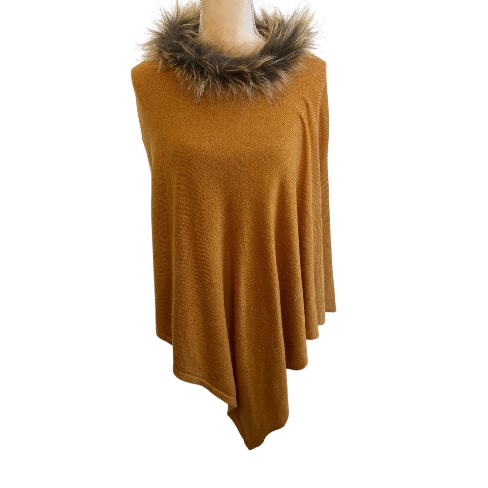 La Marey 100% Cashmere Poncho Faux‎ Fur Trim Mustard Yellow One Size